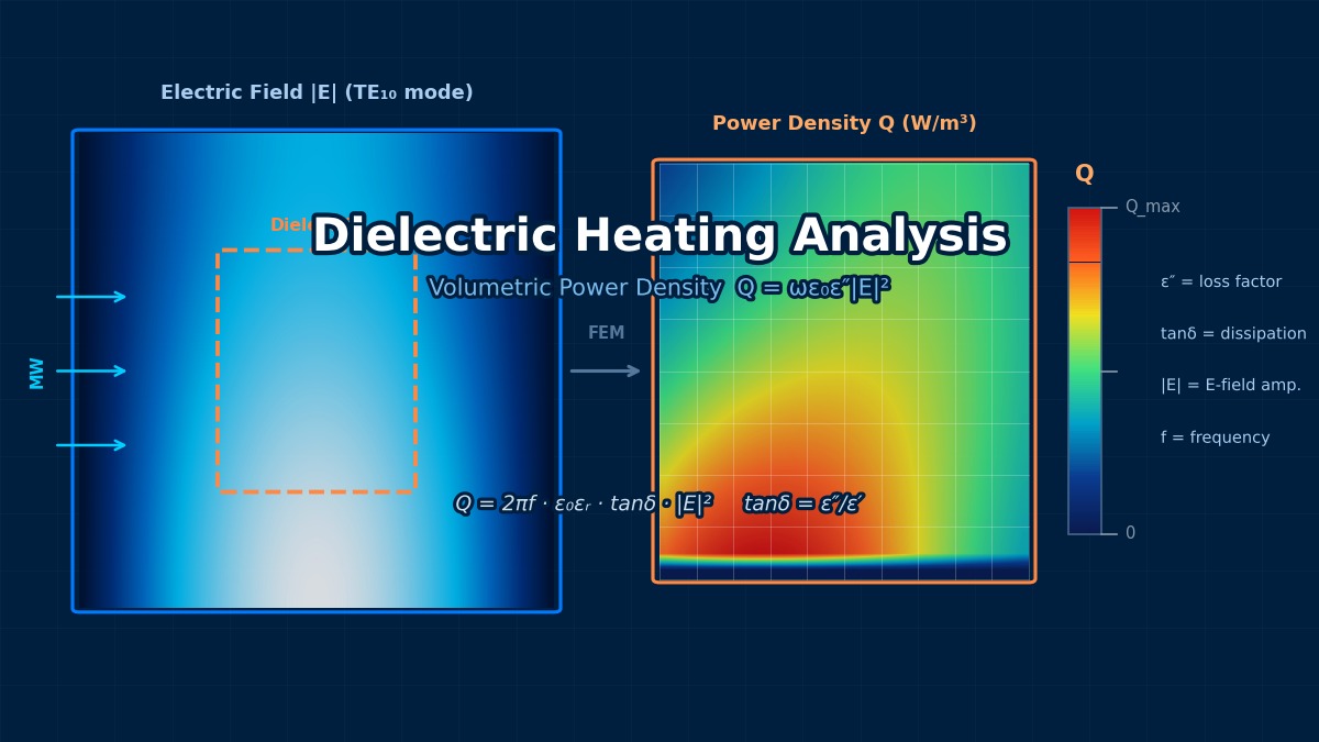 Dielectric heating FEM analysis showing electric field TE10 mode and volumetric power density Q distribution in microwave cavity