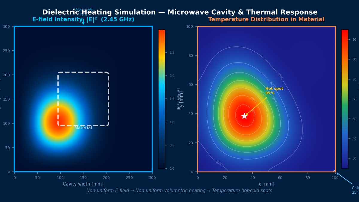 Dielectric heating simulation showing microwave cavity E-field intensity pattern and resulting non-uniform temperature distribution in heated material