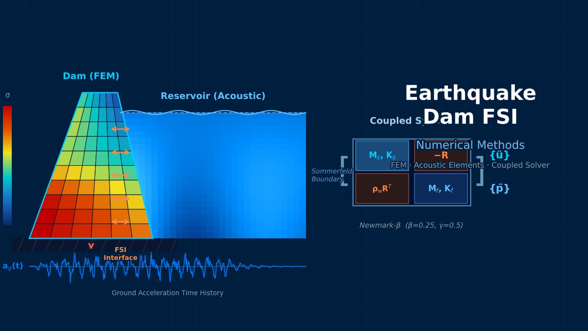 地震大坝FSI数值方法：FEM大坝网格应力云图、声学水库域动水压波及耦合矩阵块结构