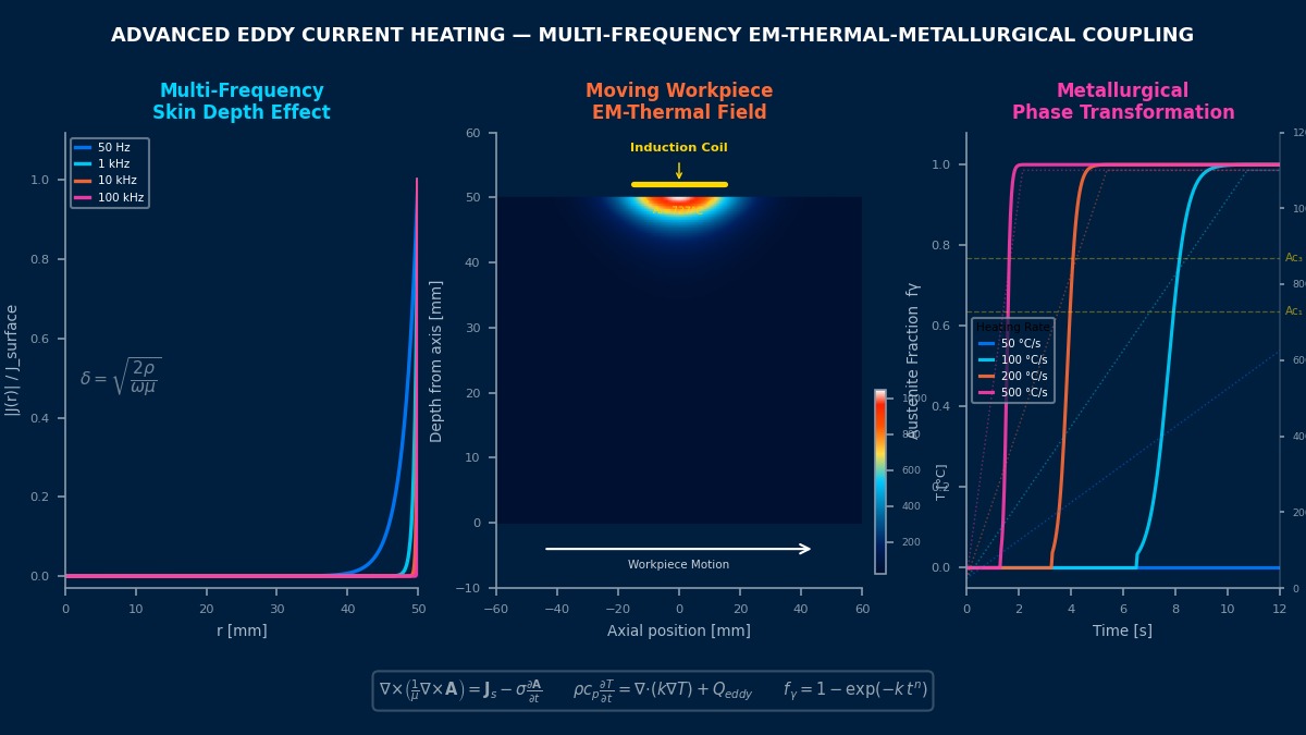 Advanced eddy current heating: multi-frequency skin depth effect, moving workpiece EM-thermal field with induction coil, and metallurgical phase transformation coupling