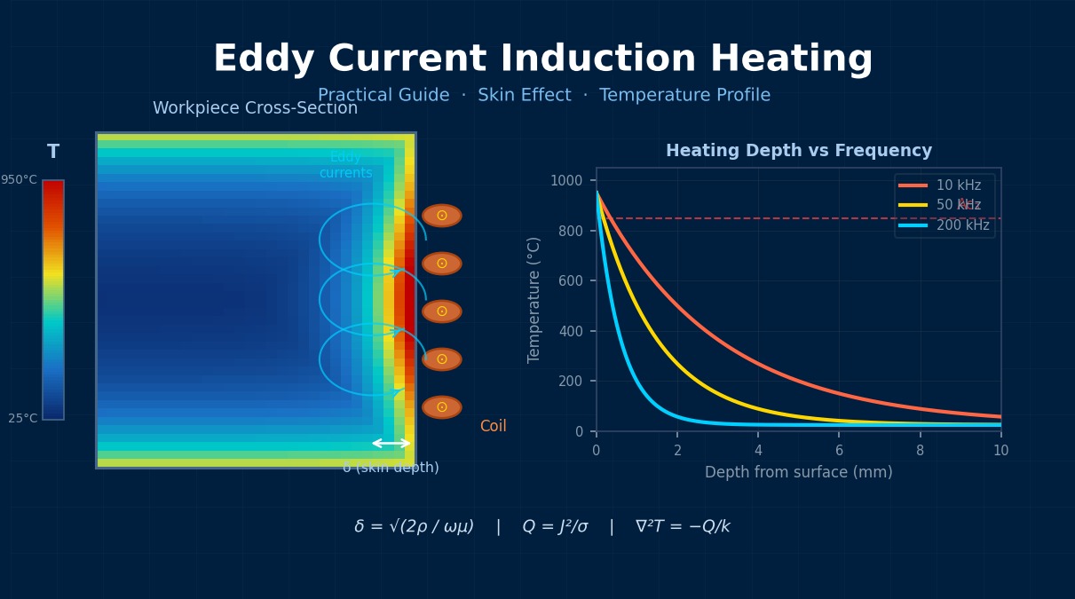 Induction heating cross-section showing coil-workpiece eddy current distribution and skin effect temperature profile at multiple frequencies