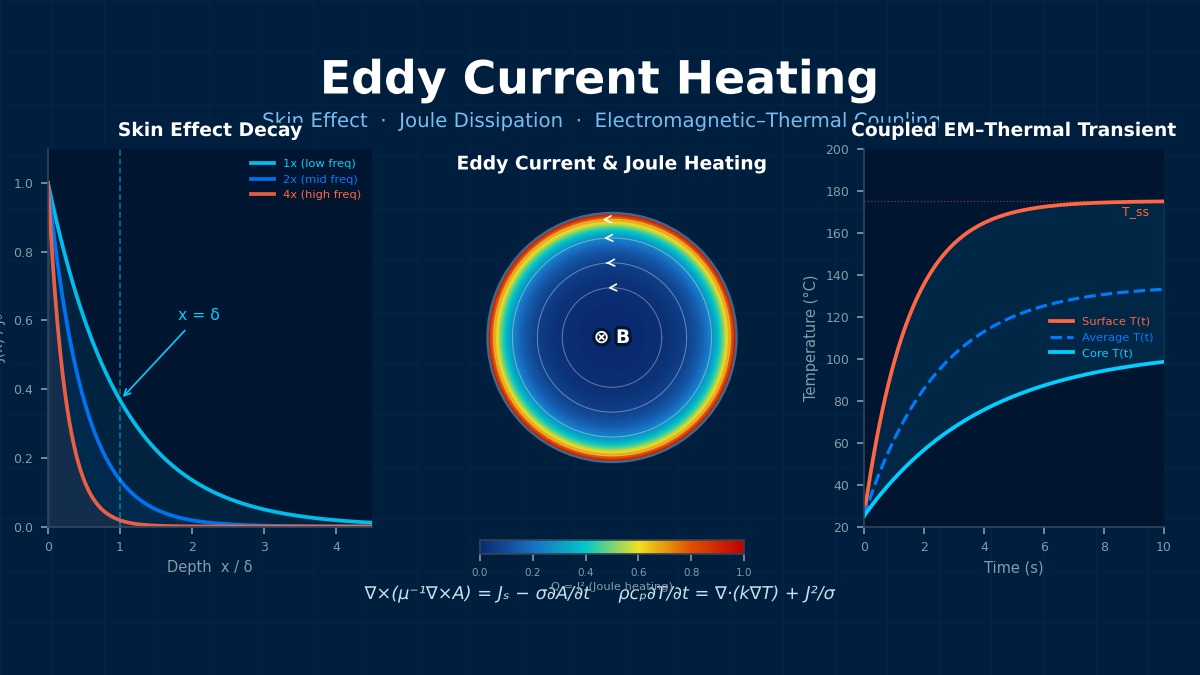 Eddy current heating theory: skin effect current density decay, 2D eddy current distribution with Joule heating colormap, and coupled electromagnetic-thermal transient response