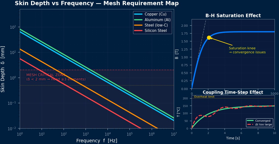 涡电流加热故障排除：铜、铝、钢、硅钢的趋肤深度-频率关系图、网格关键区域、B-H饱和曲线、耦合时间步长效应