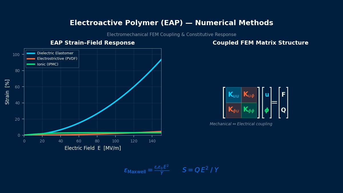 Electroactive Polymer EAP numerical methods: strain-field response curves for dielectric elastomer, electrostrictive PVDF and ionic IPMC, coupled electromechanical FEM stiffness matrix structure