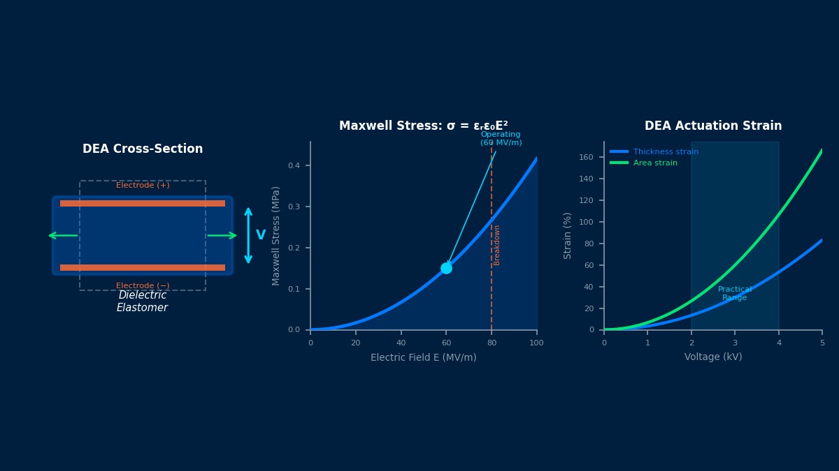 介电弹性体驱动器截面图及麦克斯韦应力与驱动应变特性曲线
