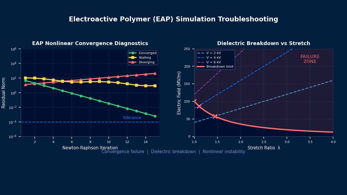 EAP electroactive polymer simulation troubleshooting: Newton-Raphson convergence diagnostics and dielectric breakdown vs stretch ratio