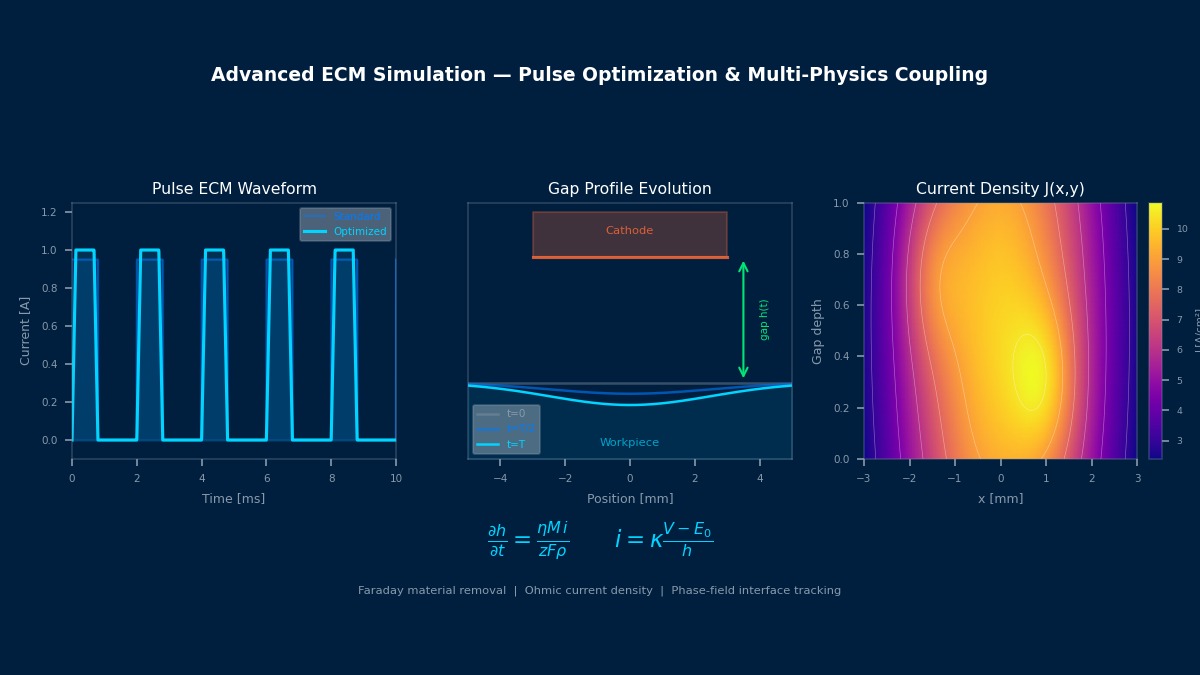 Advanced ECM simulation showing pulse waveform optimization, gap profile evolution, and current density distribution for electrochemical machining