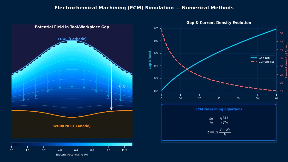 ECM electrochemical machining simulation showing electric potential field in tool-workpiece gap, current density distribution, and gap evolution governed by Faraday law