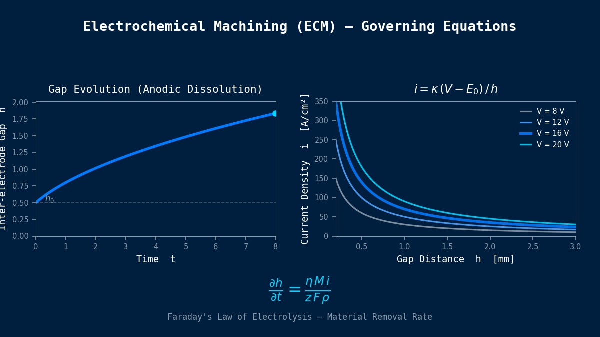 Electrochemical Machining ECM governing equations showing Faraday electrolysis law, gap evolution curve and current density vs gap distance