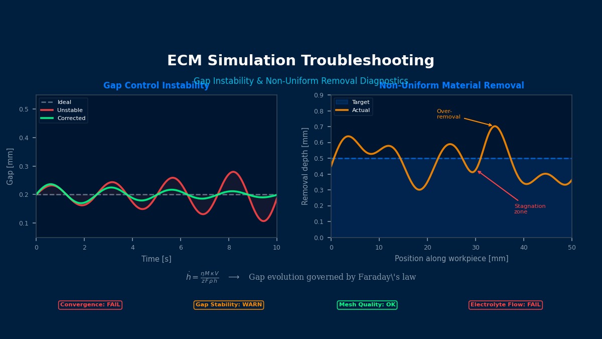 ECM仿真故障排除可视化：间隙控制不稳定性和非均匀材料去除诊断