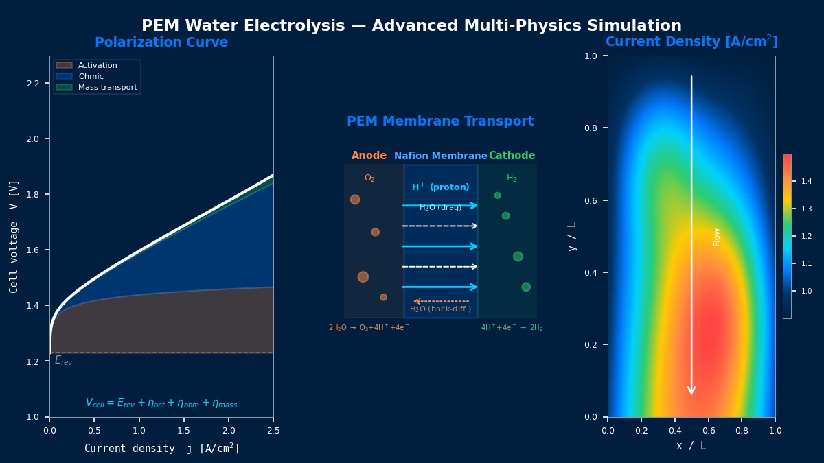 PEM水电解多物理场仿真：极化曲线（活化、欧姆、传质损失）、Nafion膜内质子传输示意图、二维电流密度分布