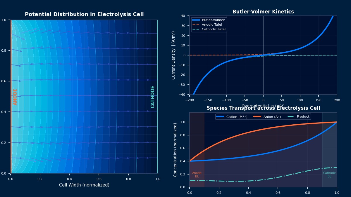Electrolysis simulation FEM potential distribution with Butler-Volmer kinetics and species transport across electrochemical cell
