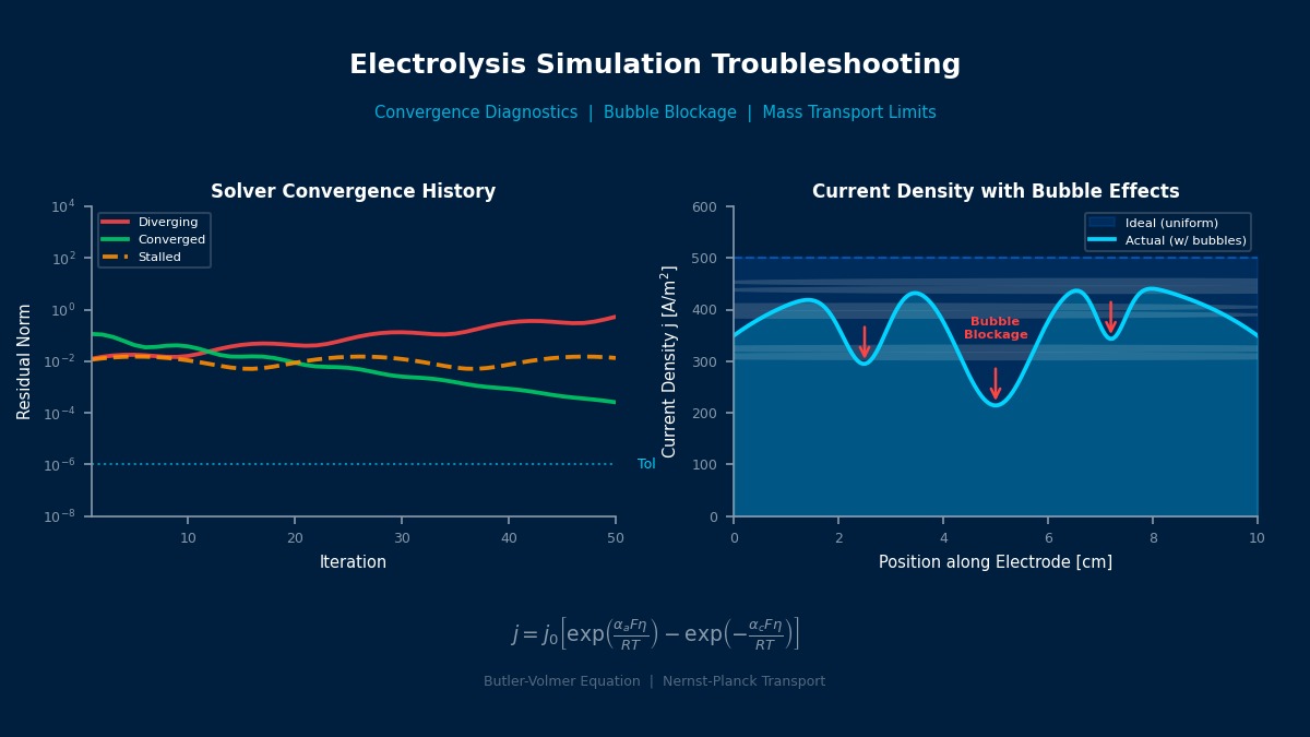 Electrolysis simulation troubleshooting: solver convergence residual history comparing diverging, converged and stalled cases, and current density distribution with bubble blockage effects along electrode surface