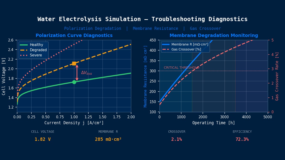 Water electrolysis simulation troubleshooting diagnostics showing polarization curve degradation, membrane resistance increase, and gas crossover rate monitoring over operating time