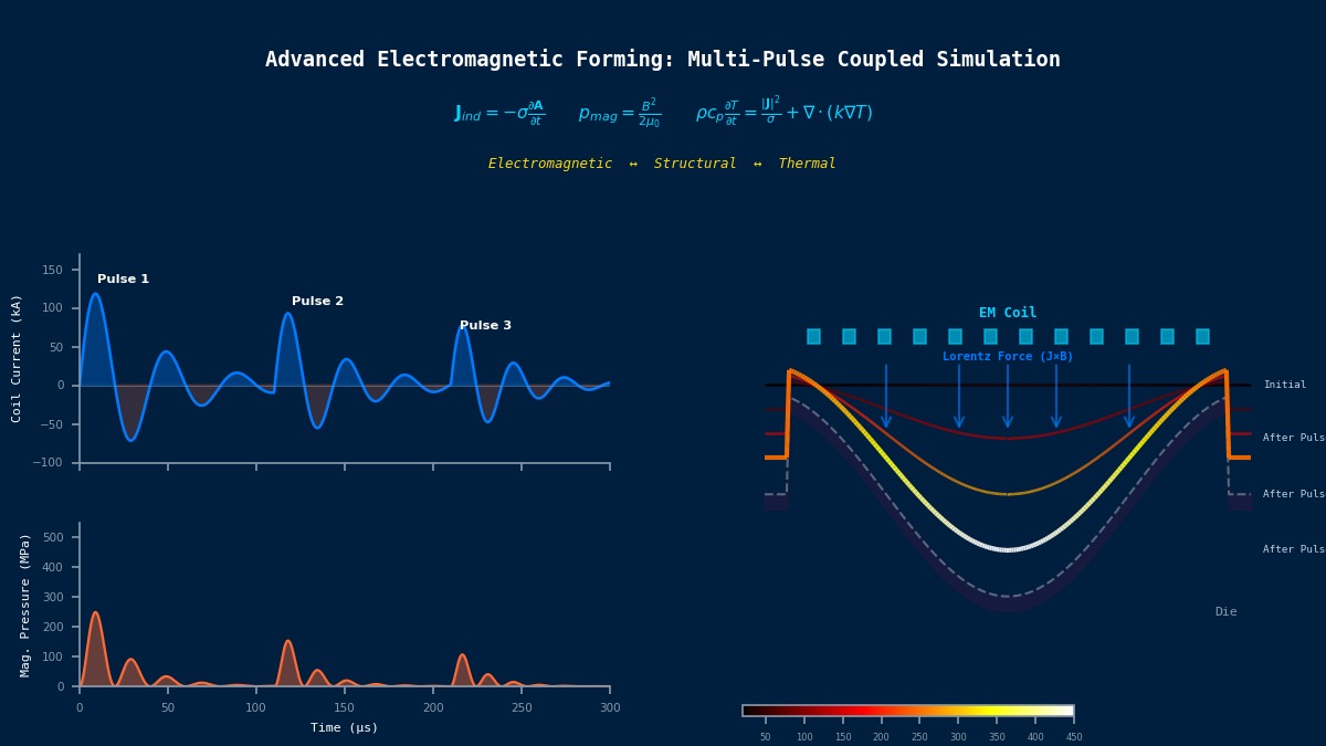 Advanced electromagnetic forming multi-pulse coupled simulation showing coil current waveforms, magnetic pressure, Lorentz force driven workpiece deformation stages and Joule heating temperature distribution