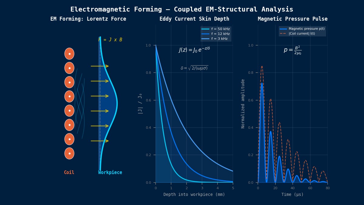 Electromagnetic forming coupled EM-structural analysis showing Lorentz force distribution, eddy current skin depth decay, and magnetic pressure pulse profile