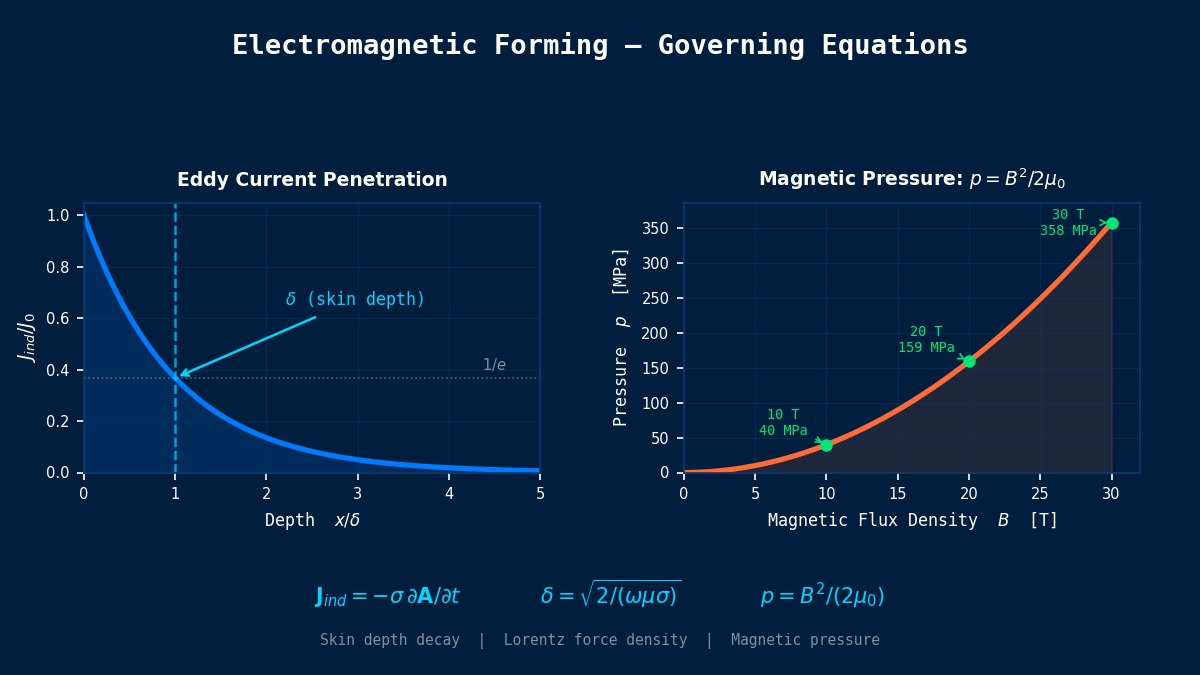 Electromagnetic forming governing equations: skin depth eddy current penetration decay and magnetic pressure as function of flux density