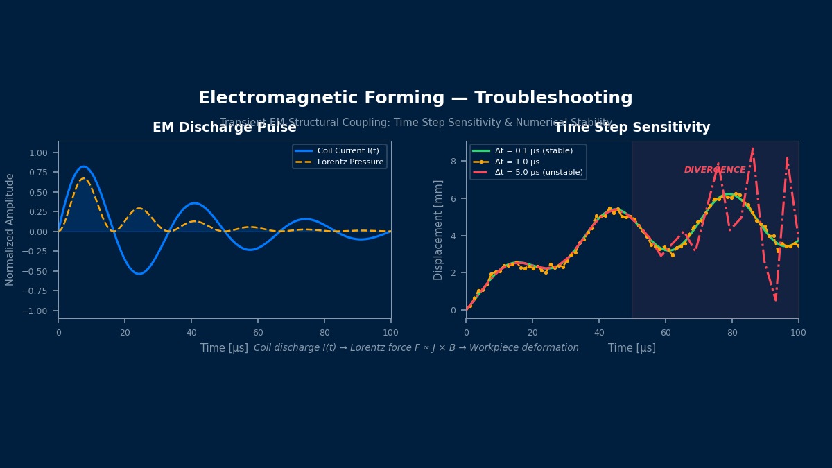 Electromagnetic forming troubleshooting: EM discharge pulse waveform and time step sensitivity comparison showing stable, marginal, and divergent numerical solutions