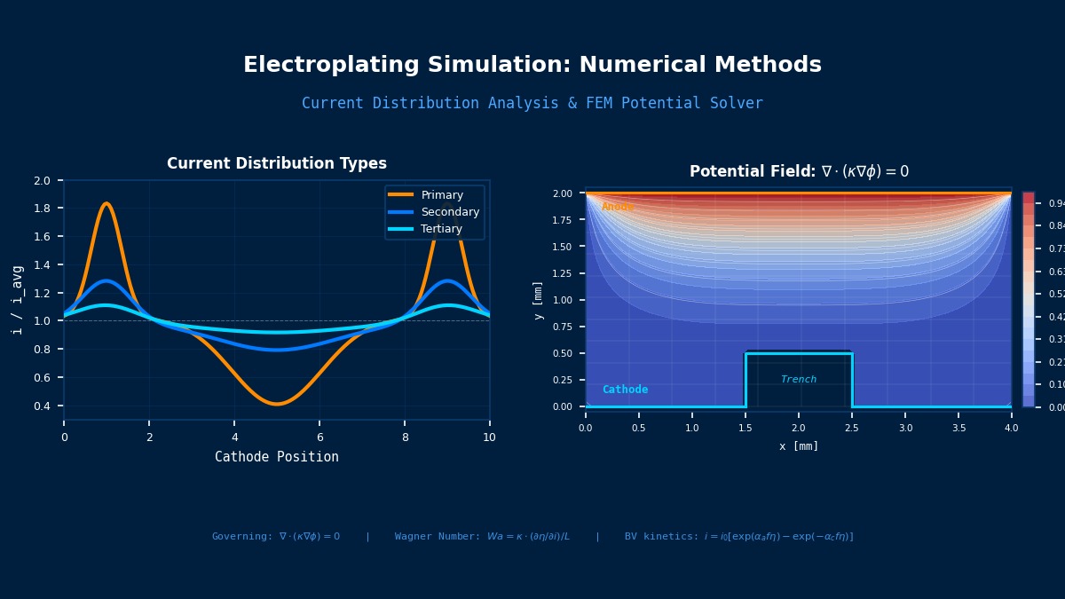 电镀仿真数值方法——一次、二次、三次电流分布比较及拉普拉斯方程FEM电位场求解