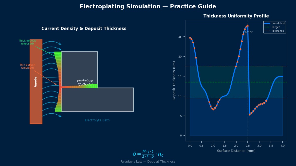 Electroplating simulation showing current density streamlines, deposit thickness distribution on L-shaped workpiece, and thickness uniformity profile with Faraday law