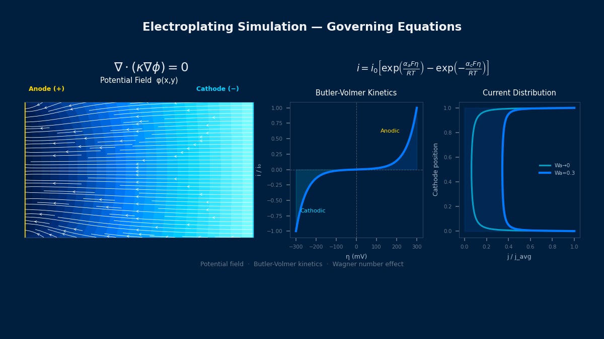 Electroplating simulation: electrolyte potential field with current streamlines, Butler-Volmer polarization curve, and Wagner number effect on cathode current distribution