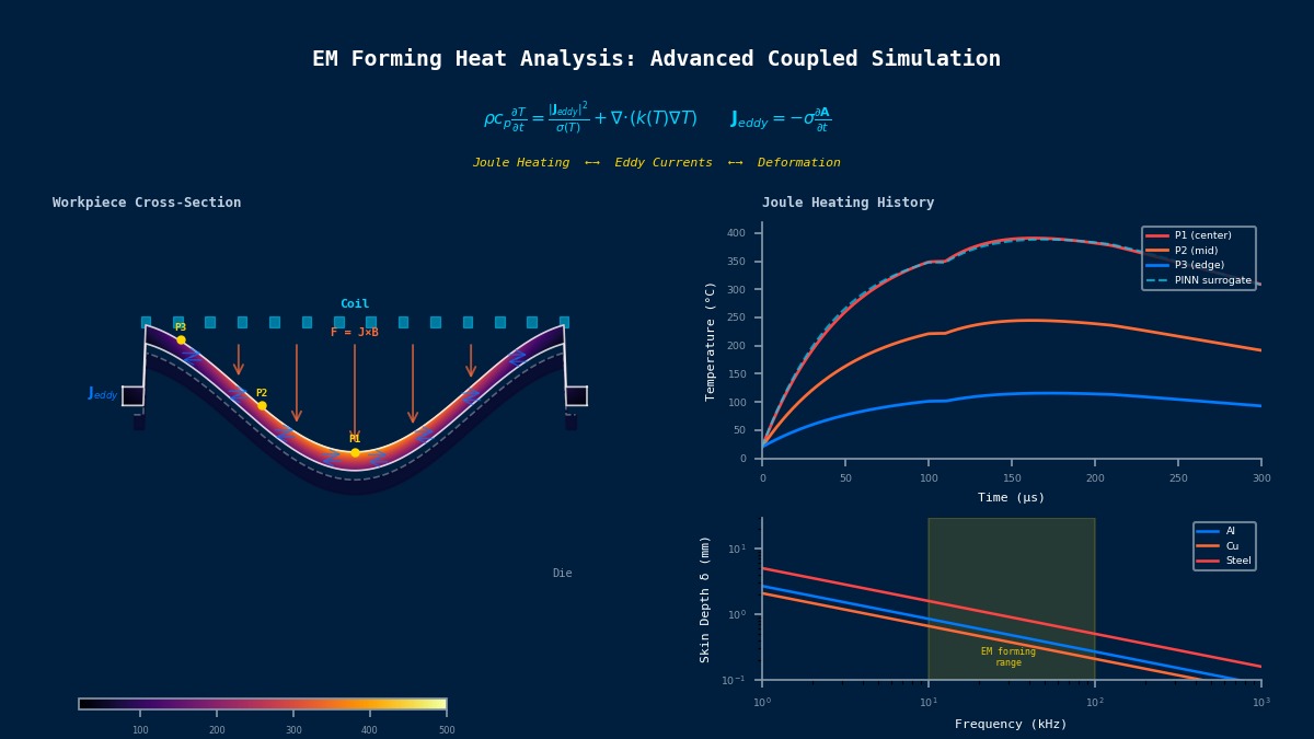 Advanced electromagnetic forming heat analysis showing Joule heating contour in deforming workpiece with eddy current distribution and skin depth vs frequency