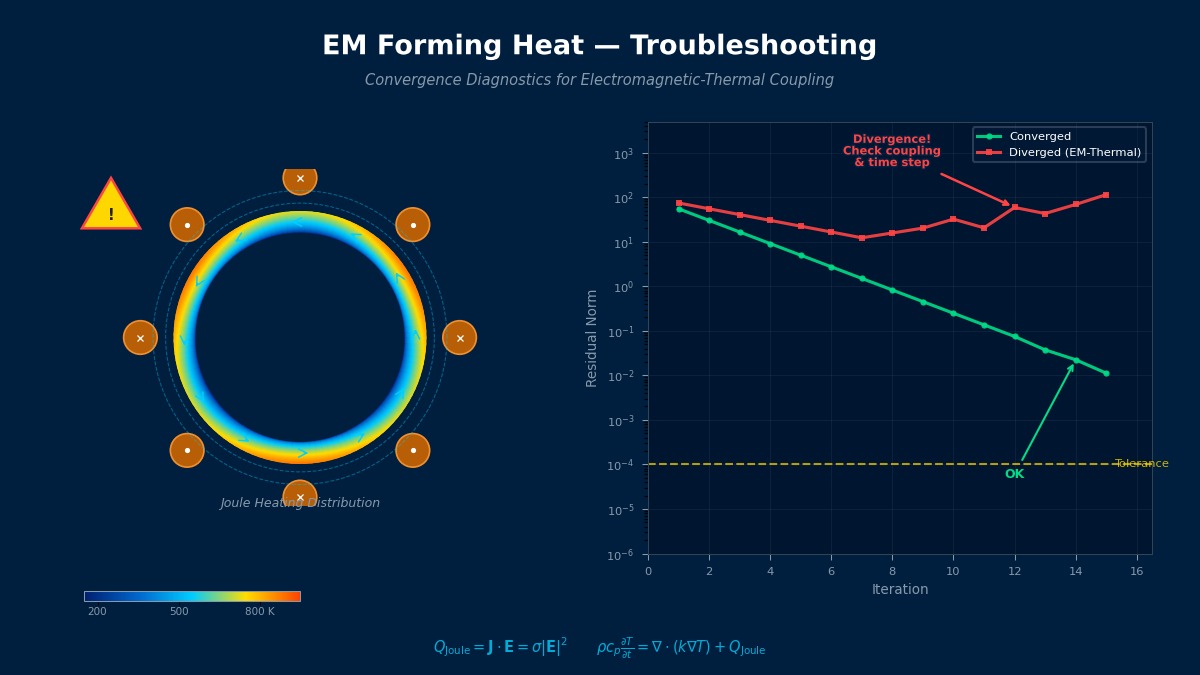 EM forming Joule heating distribution and convergence diagnostics for electromagnetic-thermal coupled analysis troubleshooting
