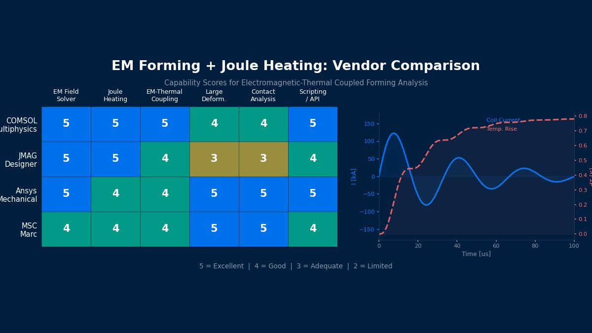 EM forming Joule heating vendor capability heatmap comparing COMSOL JMAG Ansys Marc with damped coil current waveform and temperature rise