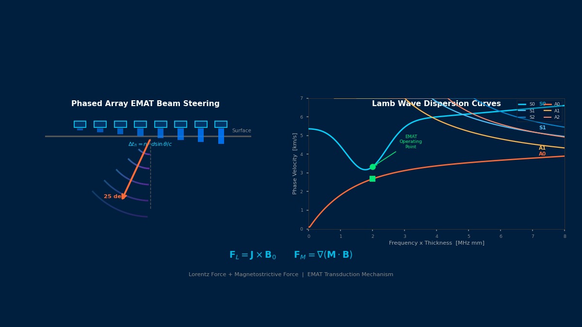 Phased array EMAT beam steering with Lamb wave dispersion curves showing symmetric and antisymmetric guided wave modes