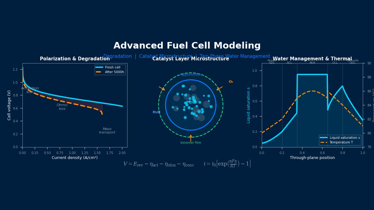 先进燃料电池建模：极化曲线退化、催化层Pt/C团聚体微观结构、两相水管理贯穿面饱和度分布