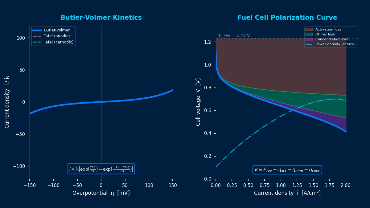 Fuel cell modeling numerical methods: Butler-Volmer electrode kinetics and polarization curve with activation, ohmic, and concentration loss regions