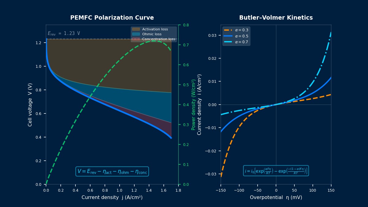 PEMFC polarization curve showing activation, ohmic and concentration overpotential losses, alongside Butler-Volmer electrode kinetics
