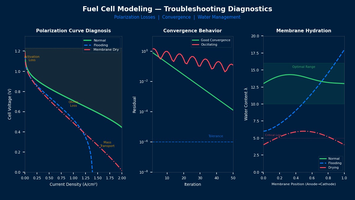 Fuel cell modeling troubleshooting diagnostics: polarization curve showing flooding and membrane drying degradation, solver convergence behavior, and membrane water content profiles