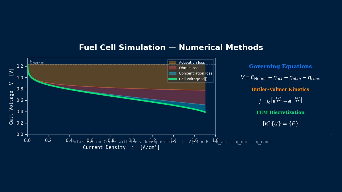 Fuel cell polarization curve showing voltage losses from activation, ohmic resistance and concentration overpotential with Butler-Volmer kinetics equations