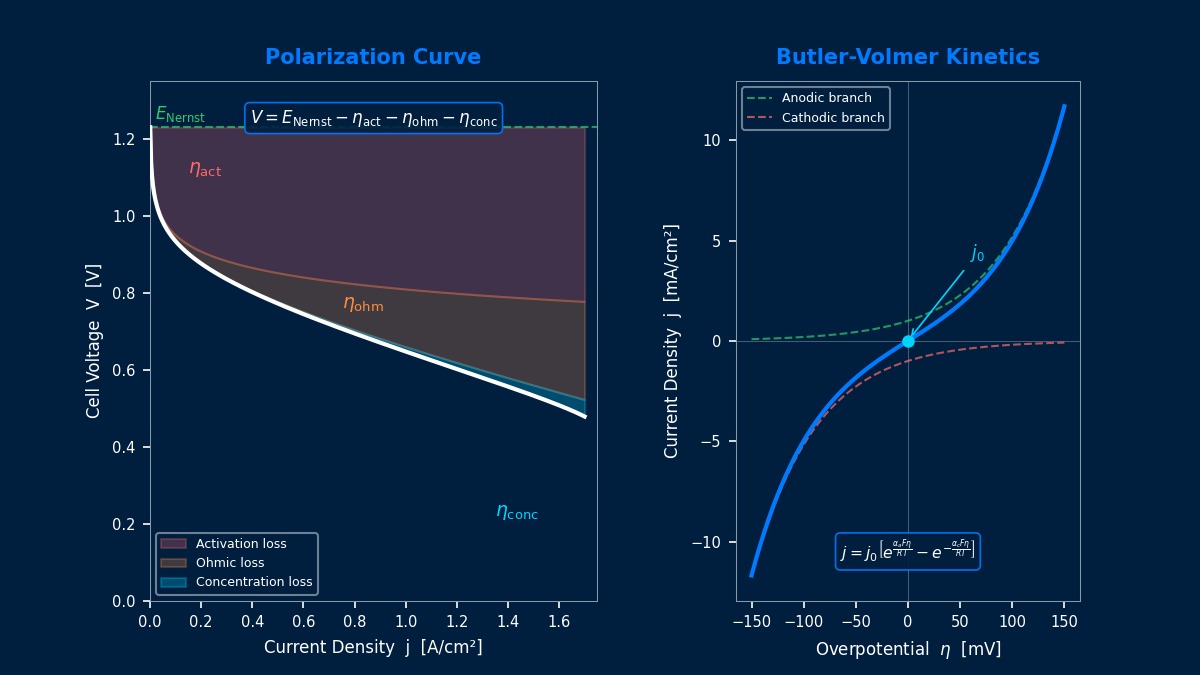 Fuel cell polarization curve with Nernst potential and overpotential decomposition, alongside Butler-Volmer electrode kinetics