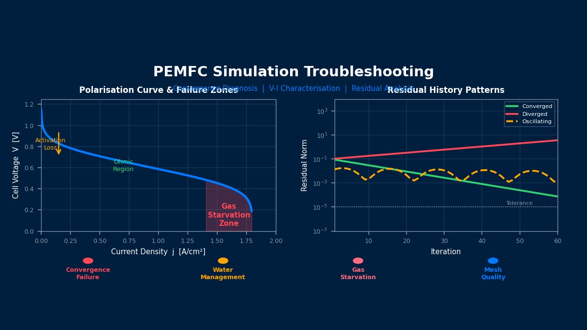 PEMFC fuel cell simulation troubleshooting dashboard showing polarisation curve with gas starvation zone and residual convergence history patterns