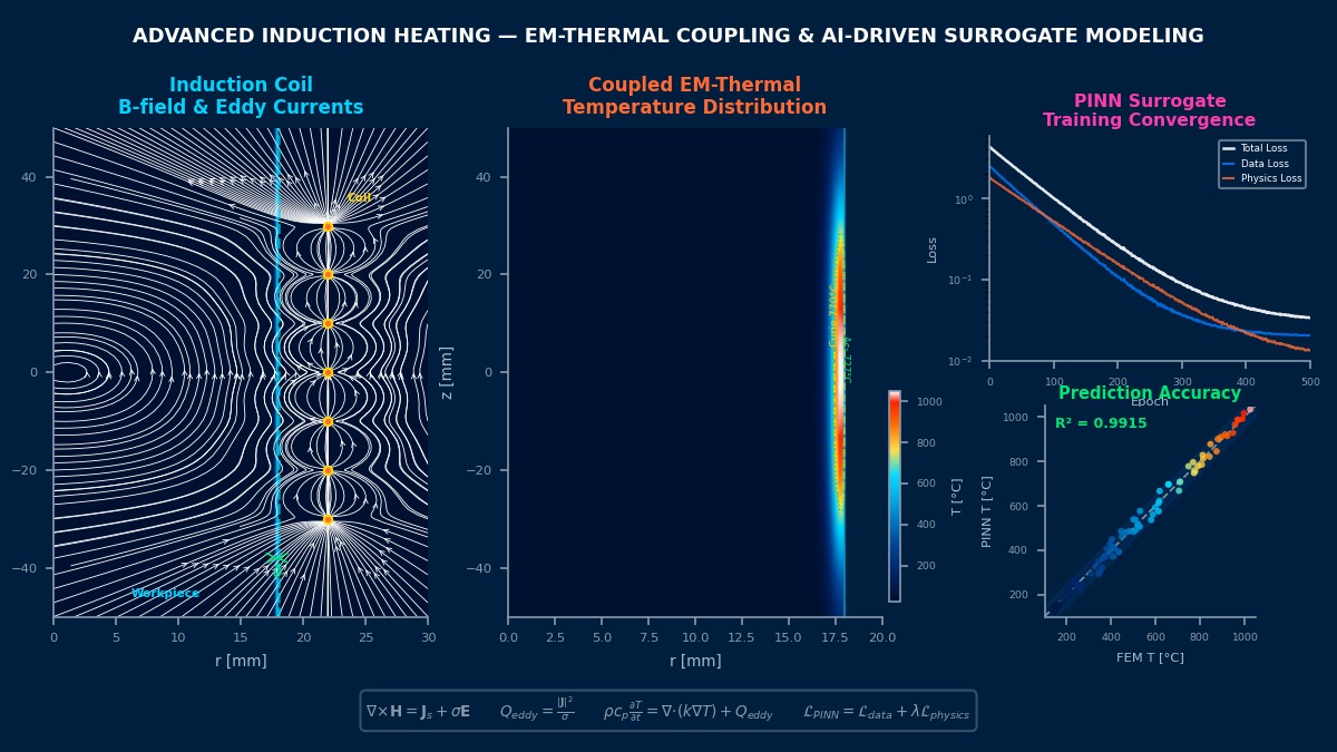 Advanced induction heating simulation showing coil B-field with eddy currents, coupled EM-thermal temperature distribution, and PINN surrogate model training convergence