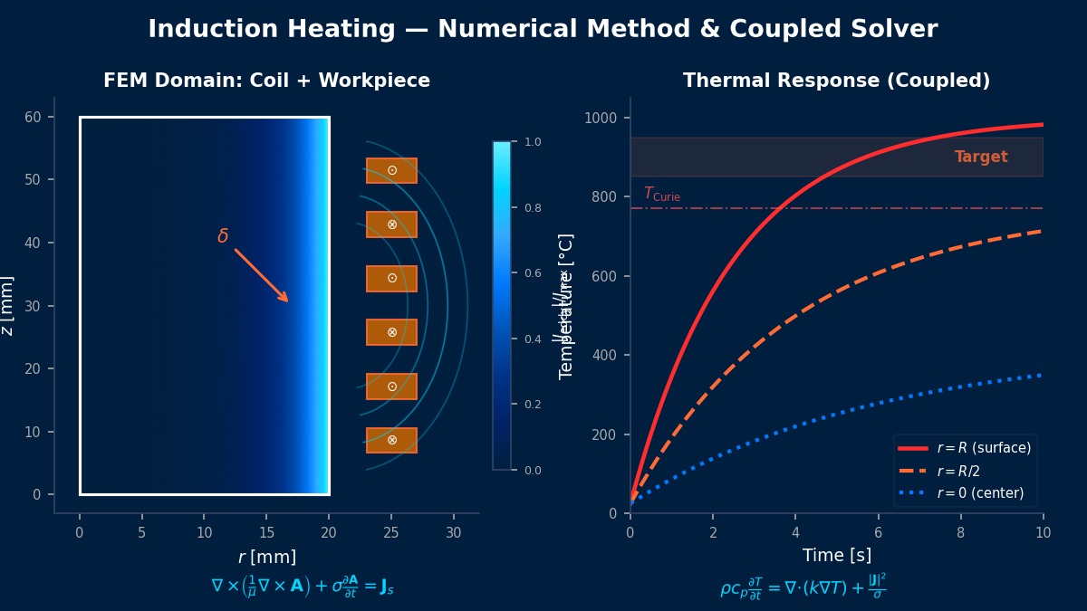 Induction heating FEM simulation showing eddy current density distribution in workpiece with surrounding coil turns and coupled thermal response curves