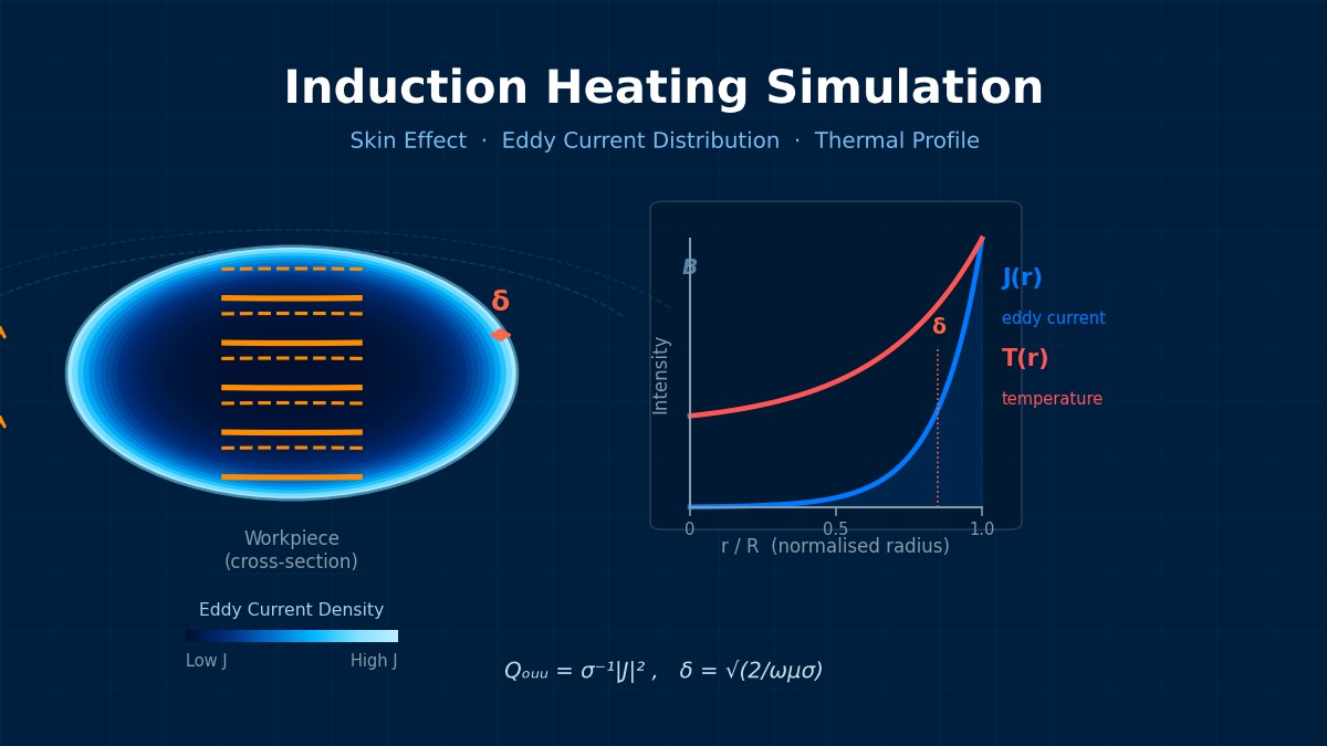 Induction heating simulation: eddy current density distribution with skin effect in cylindrical workpiece cross-section and temperature profile