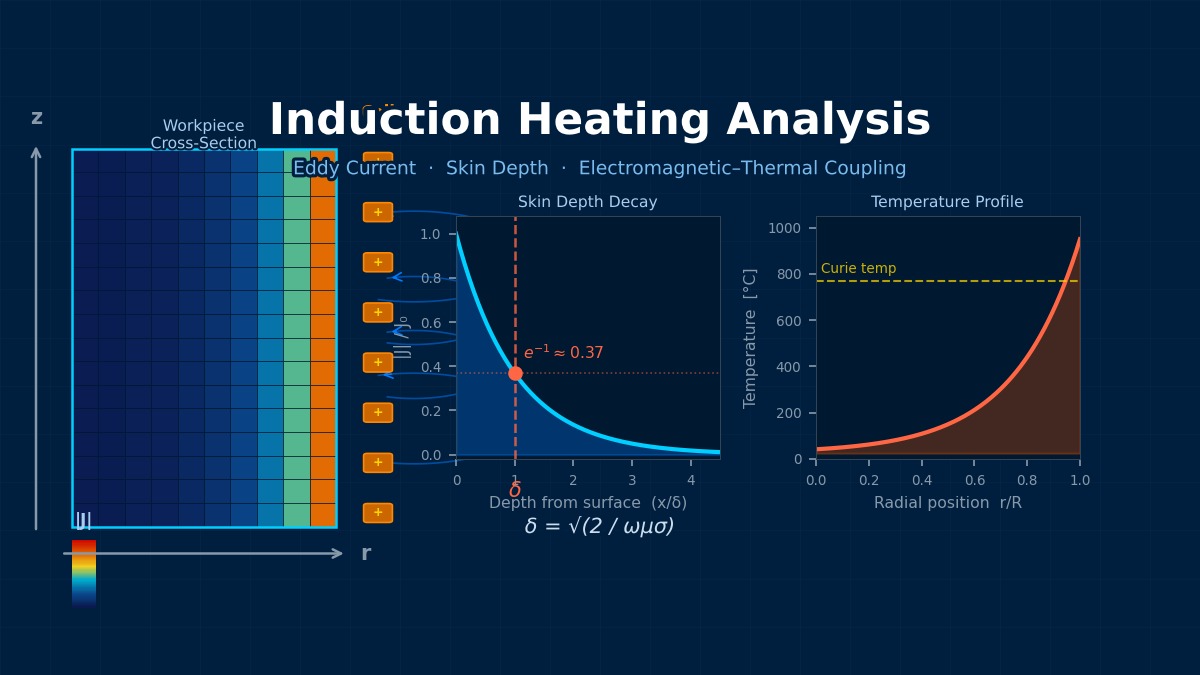 Induction heating analysis: eddy current density distribution with skin depth decay and radial temperature profile showing electromagnetic-thermal coupling