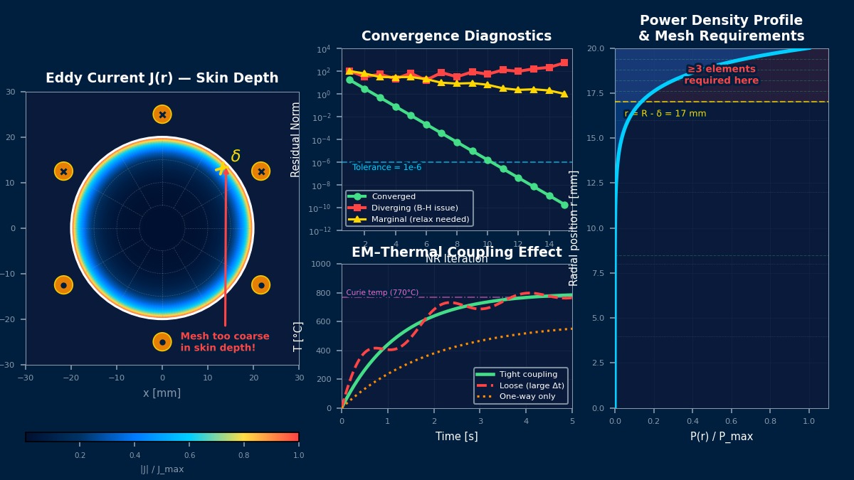Induction heating troubleshooting: eddy current density cross-section with skin depth, convergence diagnostics, EM-thermal coupling effect, and power density mesh requirements