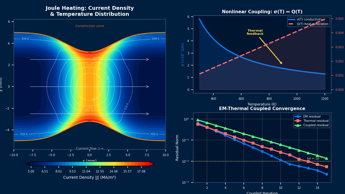 Joule heating current density and temperature distribution with nonlinear EM-thermal coupling convergence