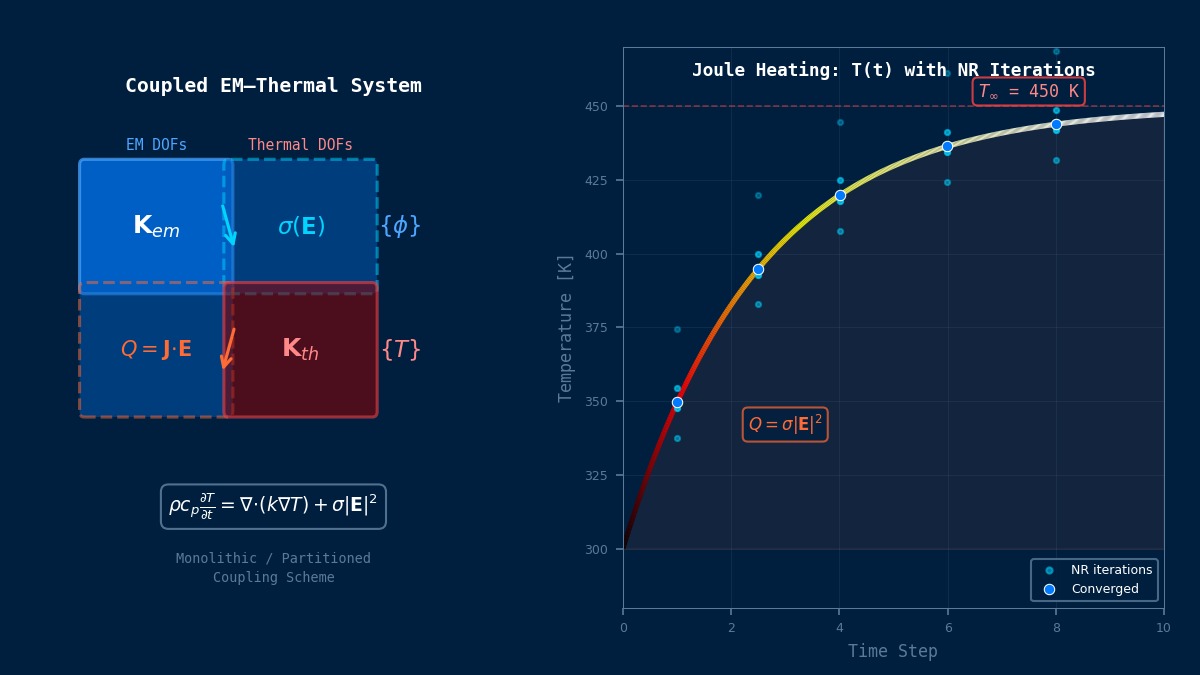 Joule heating coupled EM-thermal FE matrix block structure with temperature convergence and Newton-Raphson iterations