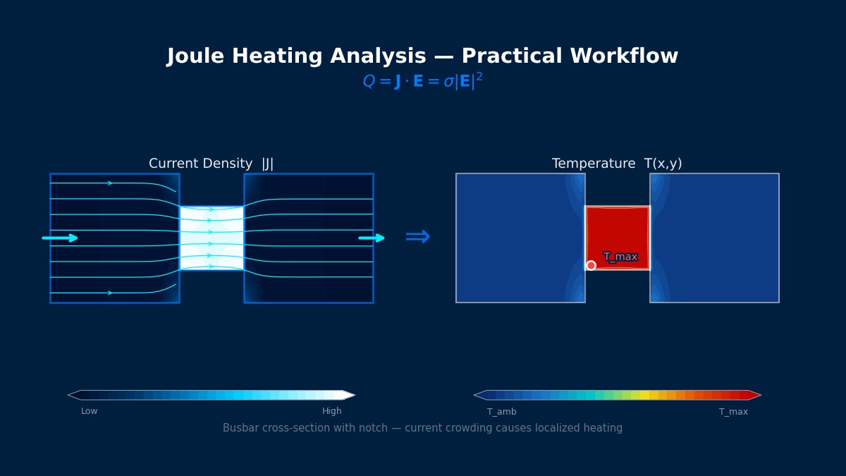 Joule heating simulation showing current density streamlines and temperature contour in a notched busbar cross-section