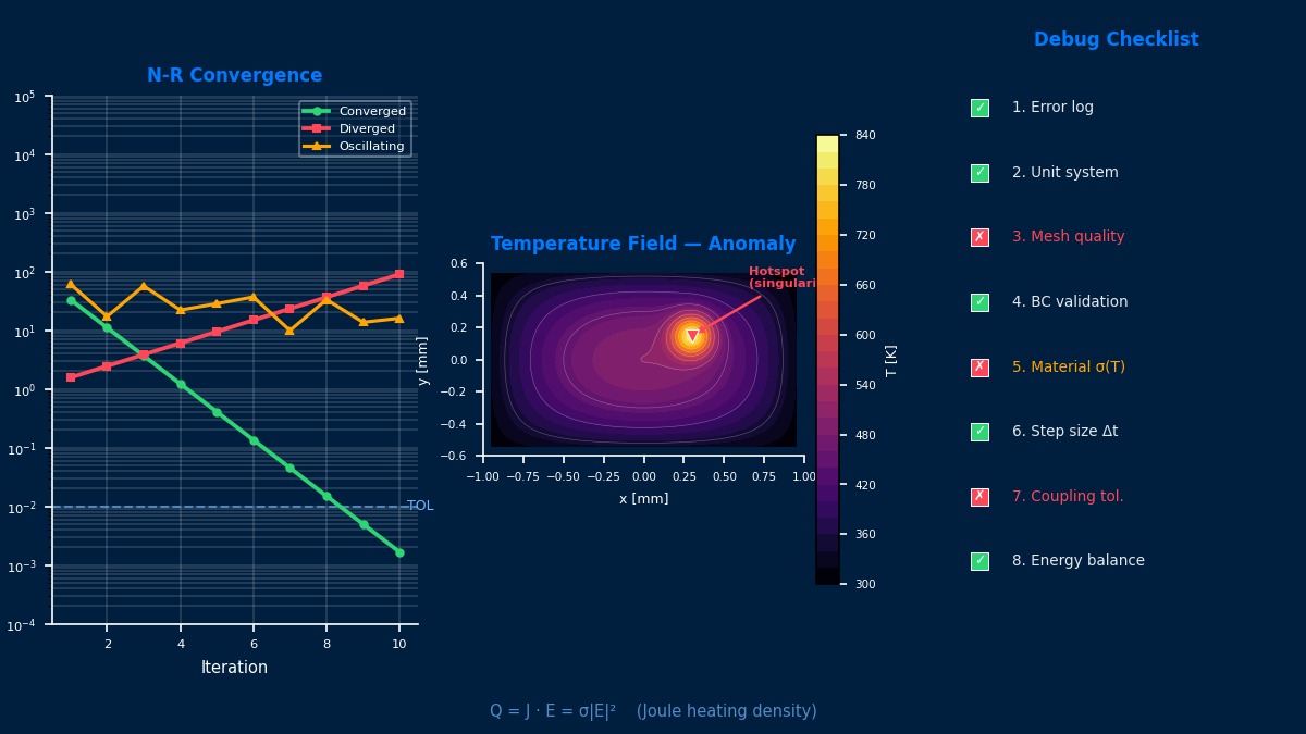 Joule heating troubleshooting: Newton-Raphson convergence diagram, temperature field hotspot anomaly, and debug checklist for EM-thermal coupled analysis