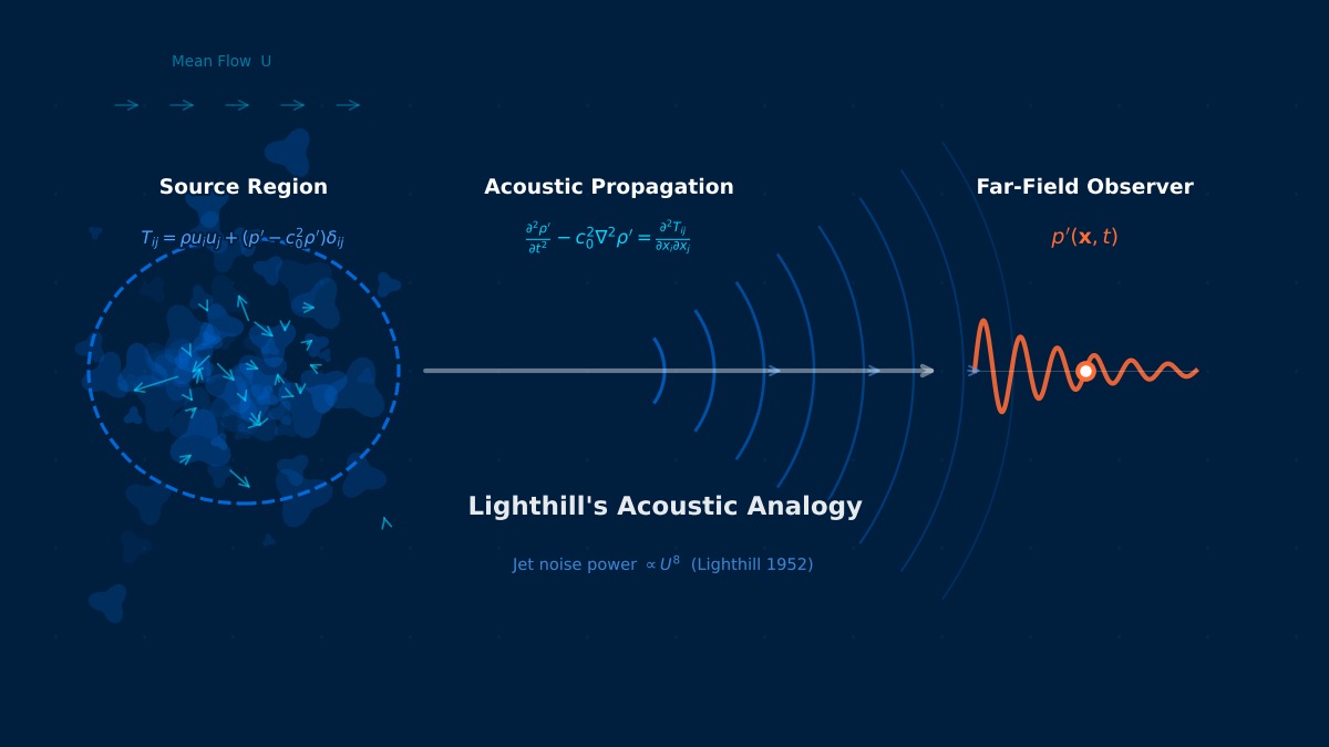 Lighthill acoustic analogy framework: turbulent source region with stress tensor Tij, wave propagation equation, and far-field observer pressure signal