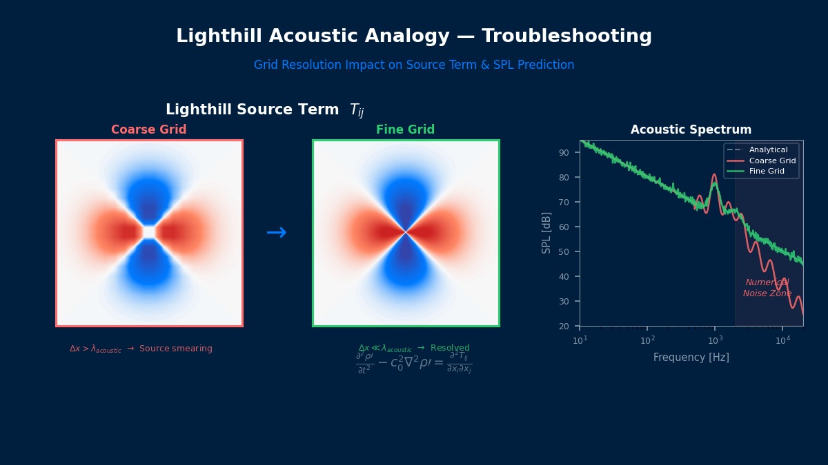 Lighthill acoustic analogy troubleshooting: grid resolution impact on quadrupole source term Tij and SPL spectrum prediction