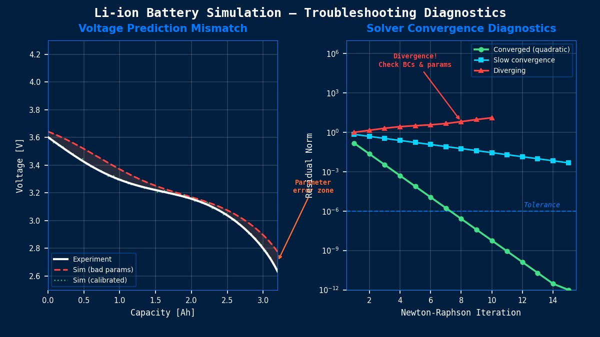 Li-ion battery simulation troubleshooting diagnostics showing voltage prediction mismatch and Newton-Raphson convergence residual history