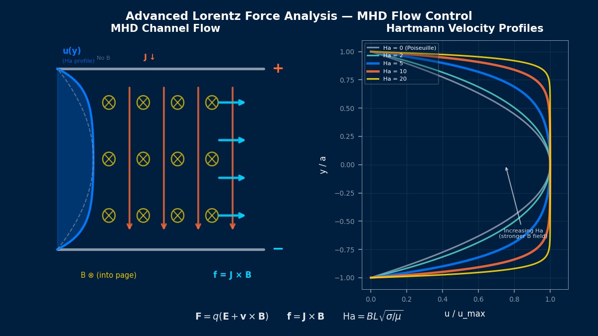 MHD channel flow with Lorentz force vectors and Hartmann velocity profiles showing electromagnetic braking effect at varying magnetic field strengths