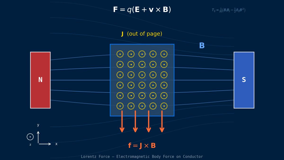 Lorentz force J×B body force visualization showing magnetic field lines between N-S poles, current density vectors in conductor, and electromagnetic body force arrows